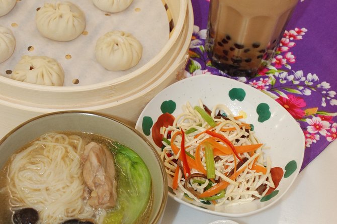 Taiwan Traditional Delicacies Experience, Xiao Long Bao, Chicken vermicelli with mushroom and sesame oil, Tofu strips salad, Bubble milk tea. - Why families may find it especially appealing