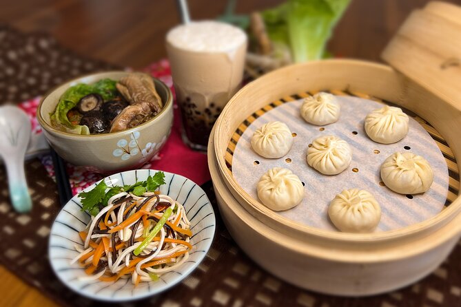 Xiao Long Bao, Chicken vermicelli with mushroom and sesame oil, Tofu strips salad, Bubble milk tea. Taiwan Traditional Delicacies Experience-A (Taipei Cooking Class) - Key points to know before booking