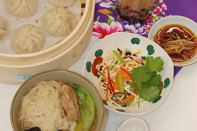 Xiao Long Bao, Chicken vermicelli with mushroom and sesame oil, Tofu strips salad, Bubble milk tea. Taiwan Traditional Delicacies Experience-A (Taipei Cooking Class) - The listed Taipei sights and what to clarify